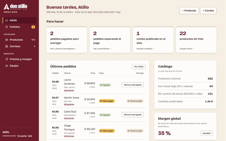 Panel de Don Atilio: el inicio con los pedidos para entregar y para cobrar, el catálogo y el margen global.
