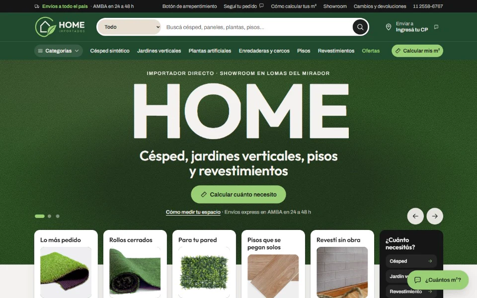 Portada de la tienda de HOME Importados: la palabra HOME sobre césped, el buscador y las categorías.